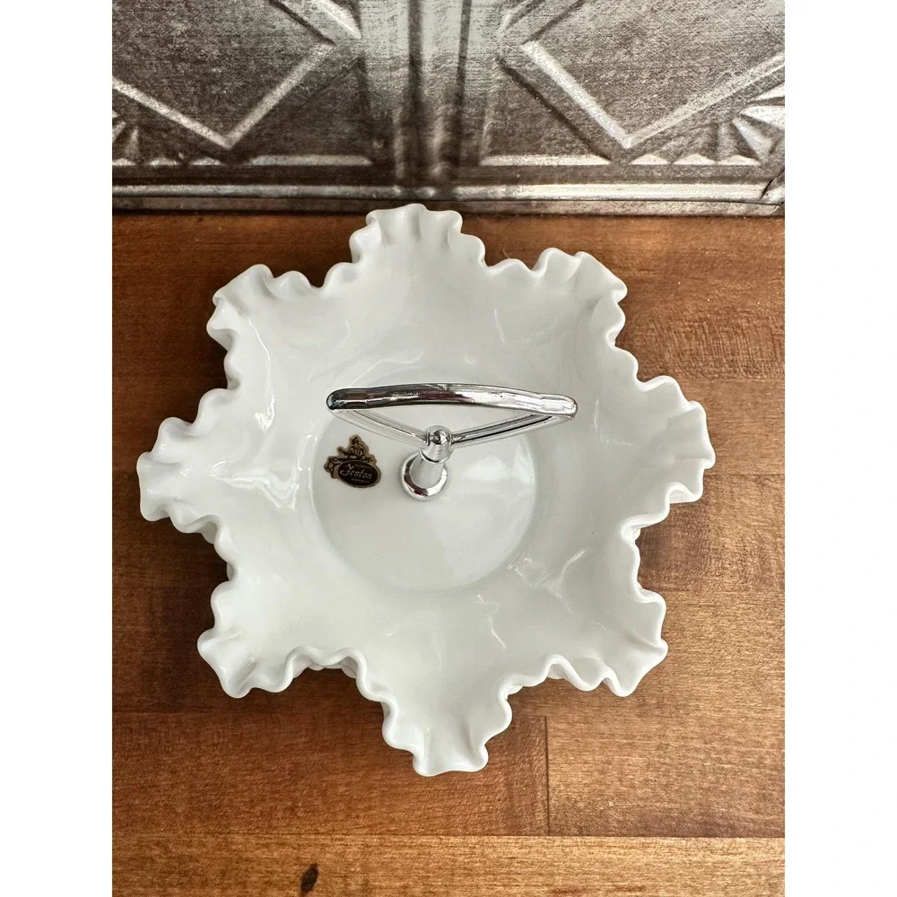 Vintage Fenton white milk glass ruffled edge hobnail silver handled‎ candy dish